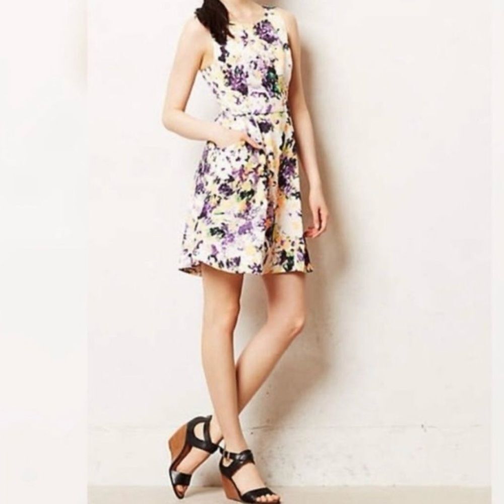 Anthropologie Cream Floral Mini Dress with Purple and Yellow Print